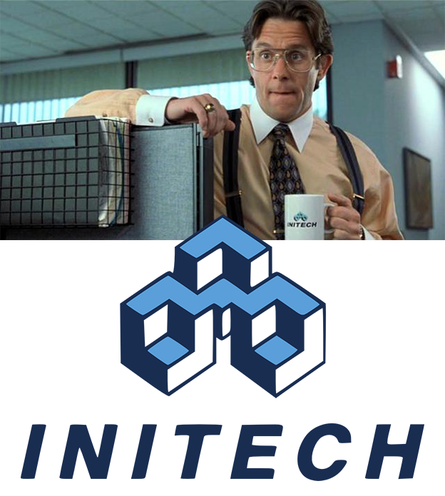An unexpectedly cyberpunk logo: Initech, the white-collar hellscape from Office Space. Graphic cribbed from Alex Bigman on 99designs.