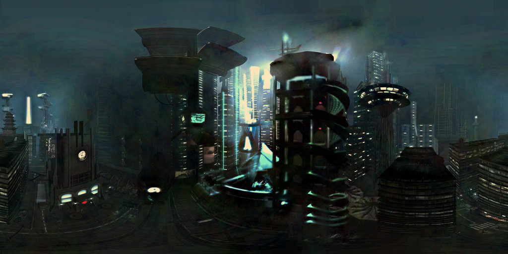 A dark cyberpunk cityscape. Image via ▓▒░ TORLEY ░▒▓.